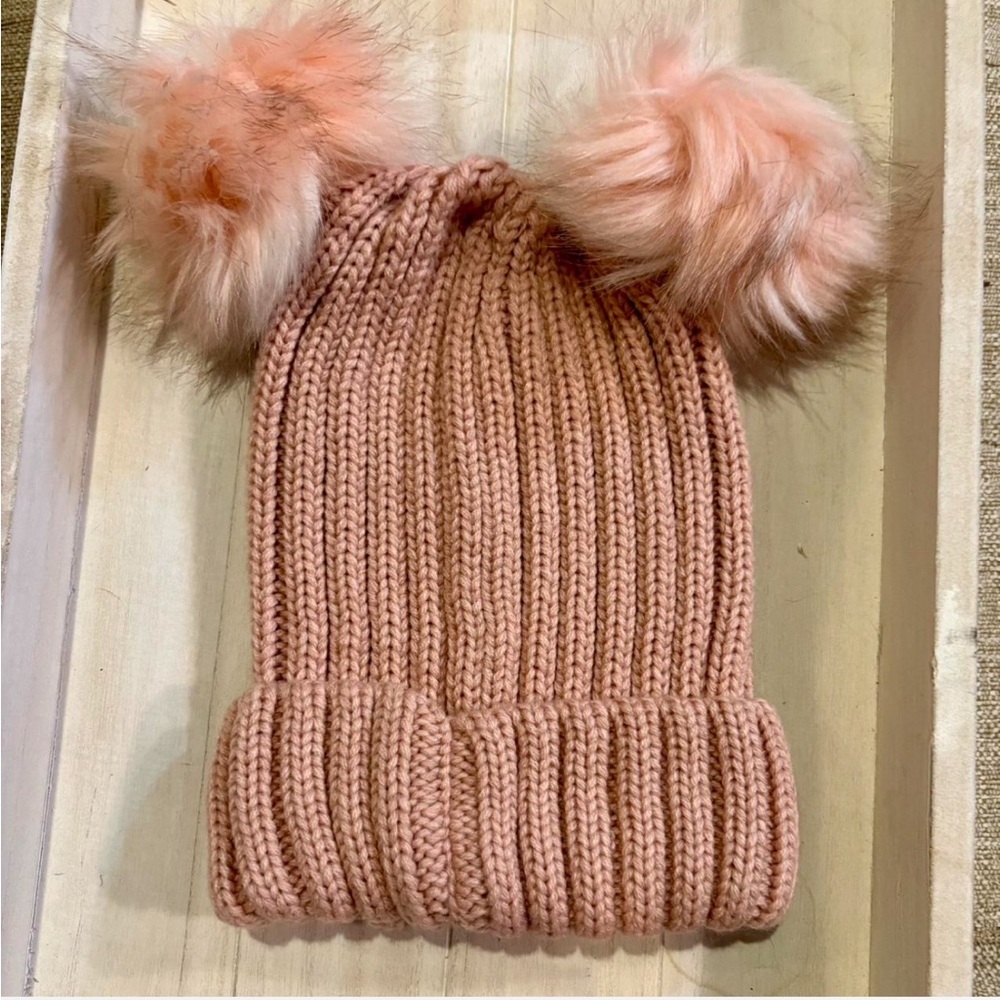 MK Decker Designs, Happy Hearts Pink Winter Beanie Hat with Faux Fur Pompoms - Picture 2 of 4